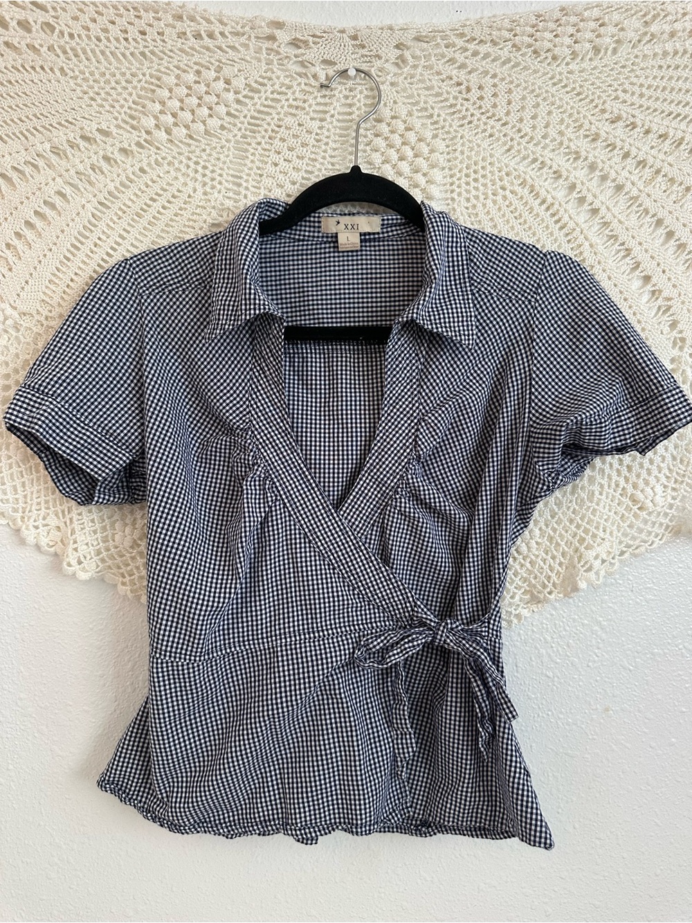 Blue Gingham Wrap Top Tie Waist Collared Size L